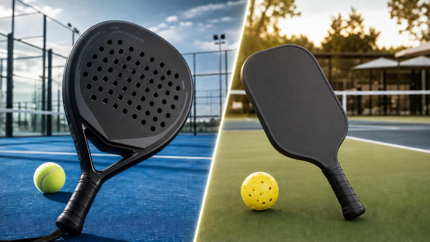 Pala de pádel frente a raqueta de pickleball en una comparación deportiva