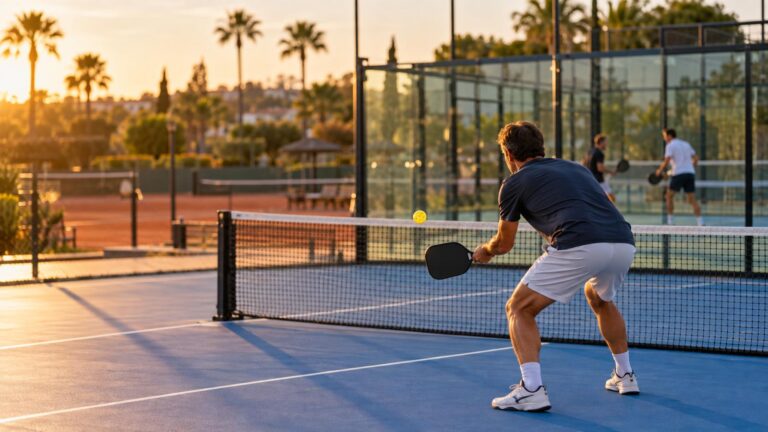 Texto alternativo: «Jugador de pickleball en la zona de no volea, con una pista de pádel y otra de tenis de tierra batida al fondo, al atardecer».