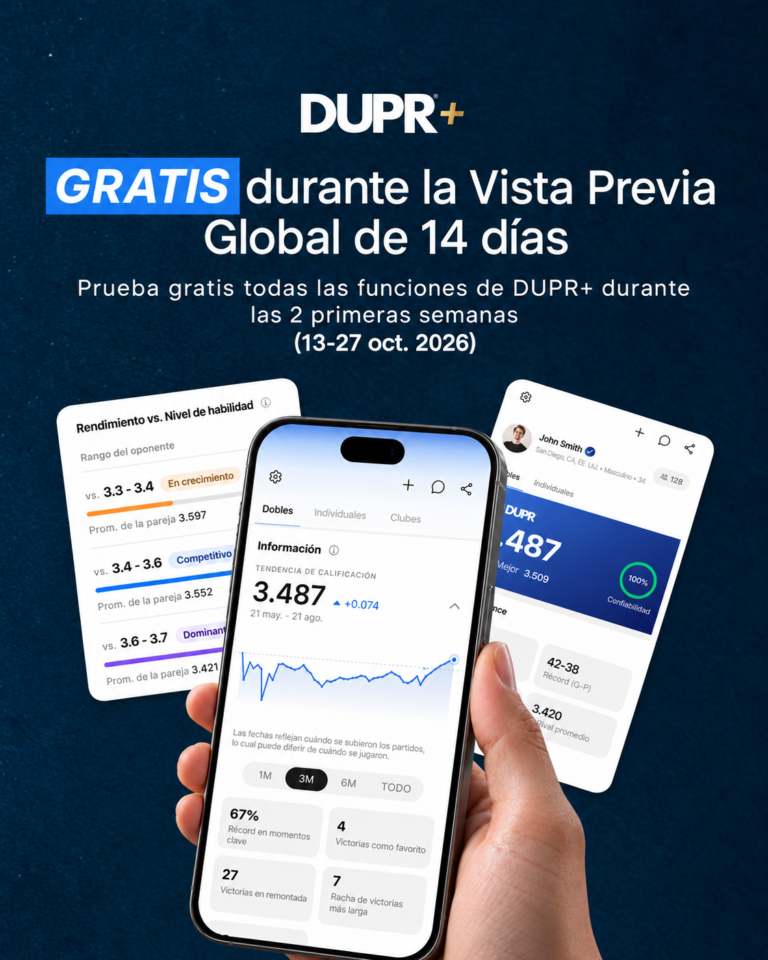 Móvil con la pantalla de DUPR Insights rodeado de tarjetas de estadísticas de DUPR+