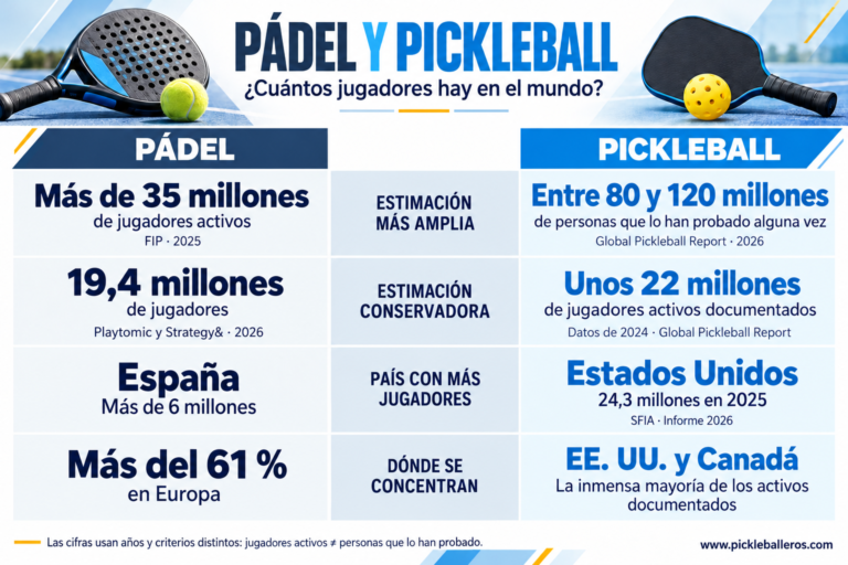 Comparativa mundial de jugadores de pádel y pickleball, con estimaciones de participación, países líderes y concentración geográfica.