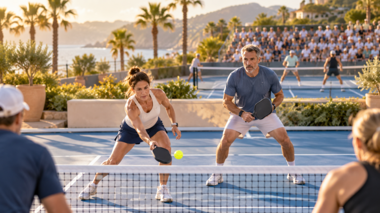 Pareja de dobles mixto juega junto a la red en una pista de pickleball; al fondo, un partido profesional ante una grada llena